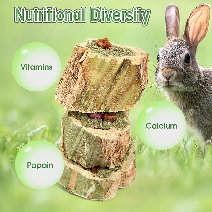 Abizoo Rabbit Chew Toys for Bunny Natural Papaya Wood Chew Treats with Organic Alfalfa Hay, Dried Carrot, Apple and Sweet Potato for Rabbits Guinea Pigs Hamsters Chinchillas Gerbils(3.5oz/100g)