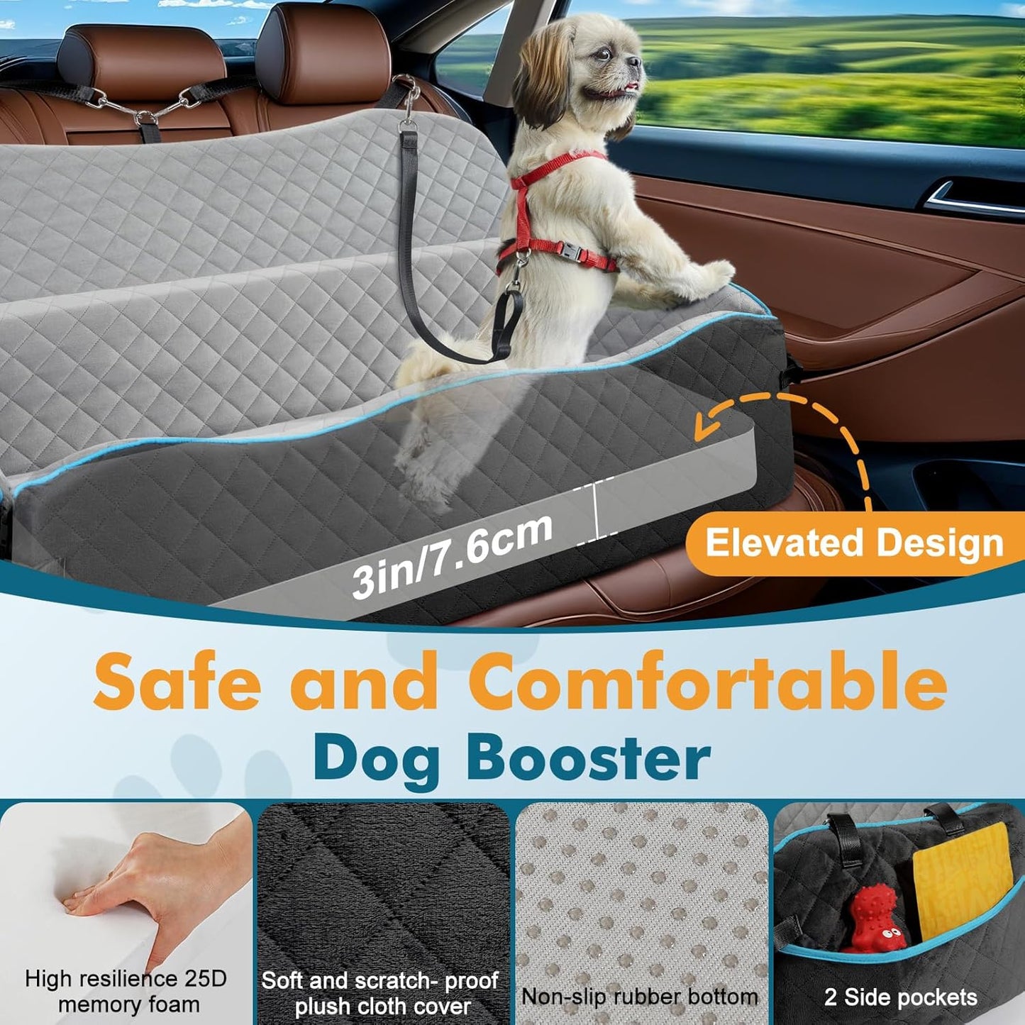 Large Dog Car Seat, Dog Car Bed for Large Dogs Under 120lbs, Pet Booster Seat with Thick Cushion and 2 Safety Leashes, Detachable & Washable Pet Bed for Backseat, Black & Gray
