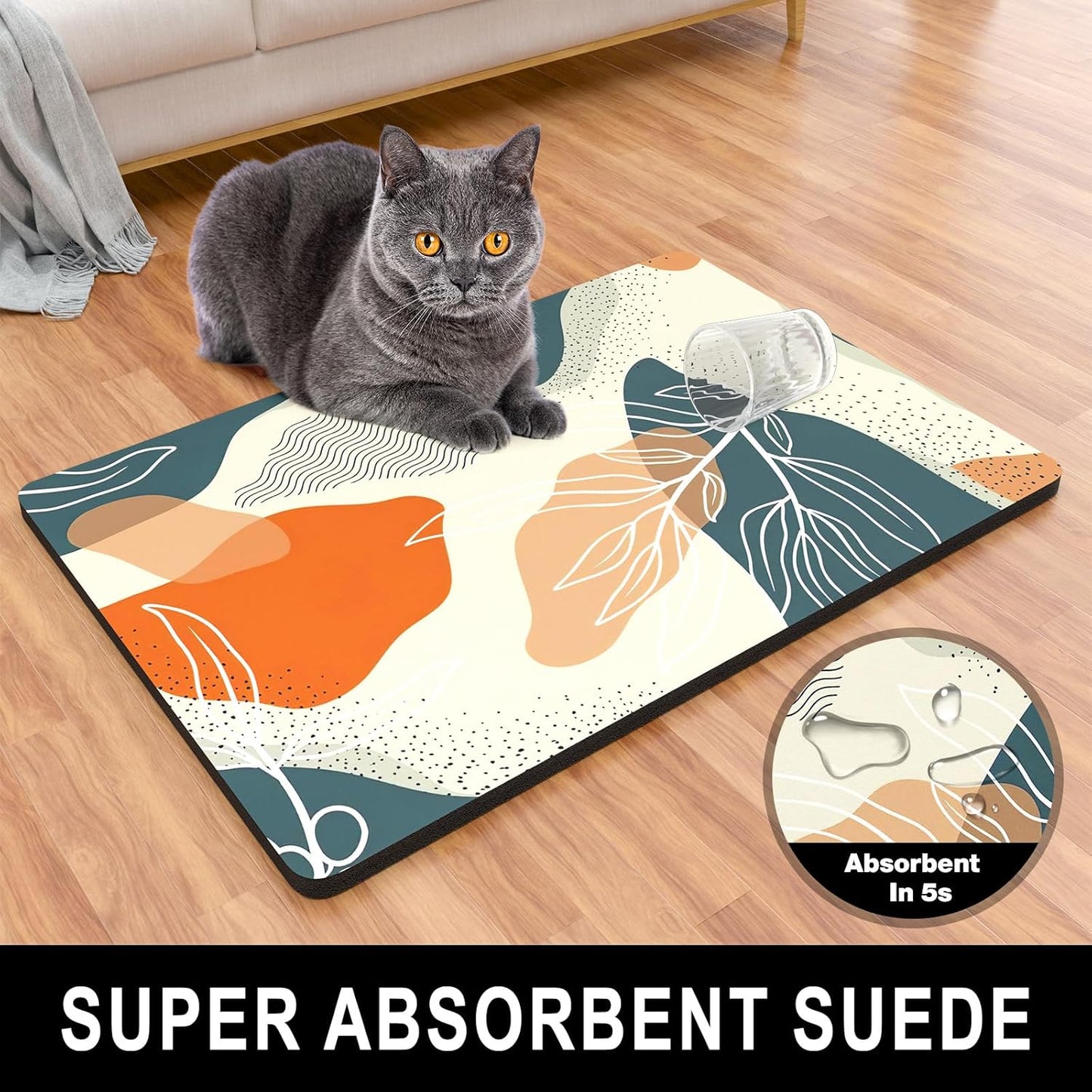 Dog Food Mat, 12" x 19" Boho Absorbent Dog Cat Bowl Mat for Food and Water, Cute Anti-Slip Rubber Pet Feeding Rug Protect Floors, Placemat for Feeding & Watering Supplies, Boho Abstract