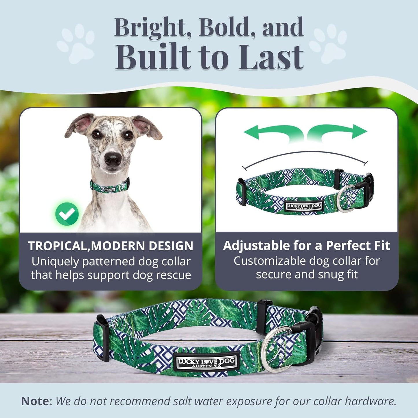 Lucky Love Dog Collar and Leash Set, Beautiful & Vivid Patterns, Easy On & Off Clasp Accessory (Blue Laguna, M Combo)