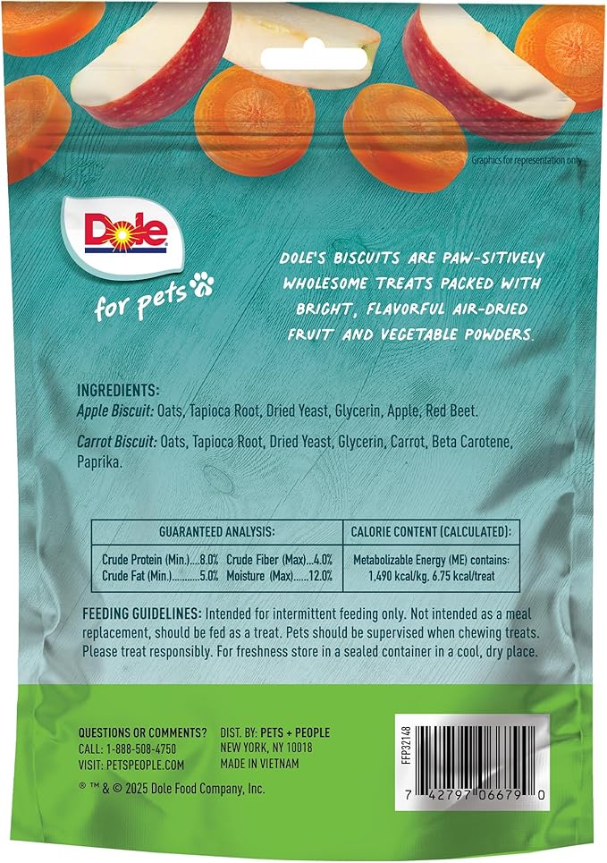 Dole for Pets Freshly Fetched Dog Biscuits, Apple & Carrot Flavor Dog Treats, 7oz | Flavored with Real Veggies, No Wheat, Corn, Soy, Artificial Flavors, Colors, Preservatives, or Animal Products
