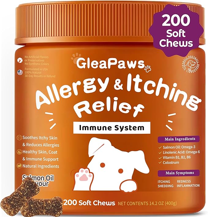 Dog Allergy & Itch Relief Supplement - Salmon Oil Omega-3, Omega-6, Vitamin B1/B2/B6, Colostrum Probiotics for Seasonal Allergy, Hot Spots, Paw Licking, 200 Chews, Store in Dry Place [Upgraded]