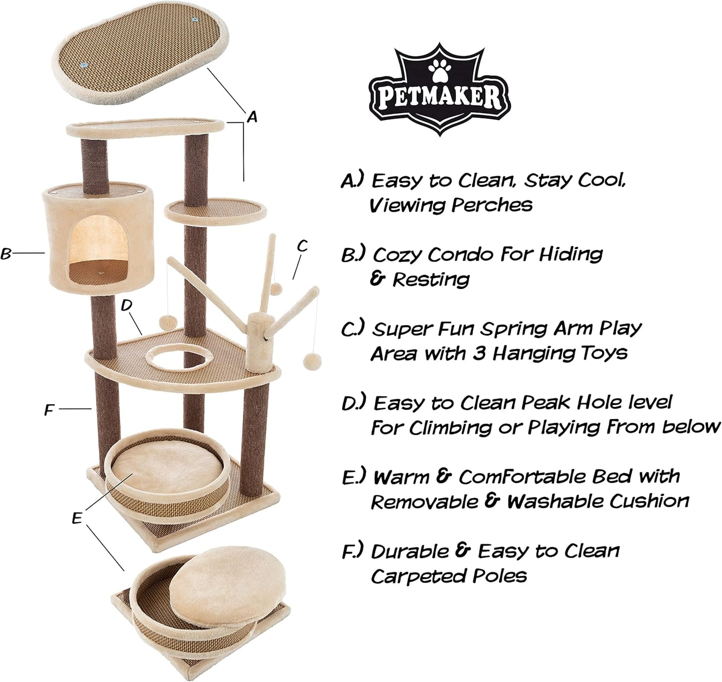 6-Tier Cat Tower- Cushioned Pet Bed, Napping Perches, Kitty Condo Hut, and Spring Arms with 3 Hanging Toys Fully Carpeted by PETMAKER (Brown/Beige)