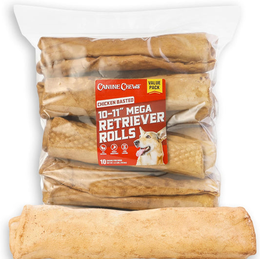 Canine Chews 10-11" Chicken Broth MEGA Retriever Rolls (10 Pack) Natural Rawhide for Big Dogs - Long-Lasting Dog Chew Treats for Aggressive Chewers - Odor-Free - Extra-Large