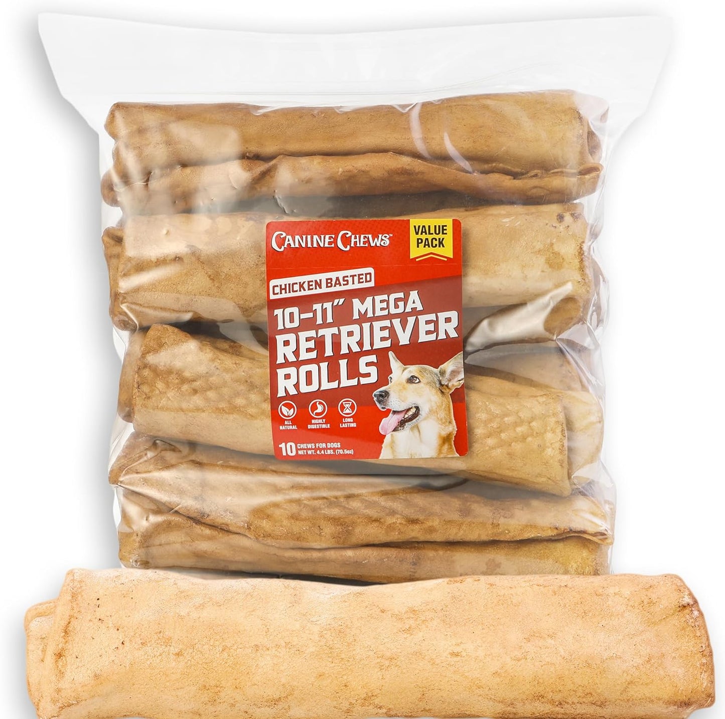 Canine Chews 10-11" Beef-Basted MEGA Retriever Rolls (10 Pack) Natural Rawhide for Big Dogs - Long-Lasting Dog Chew Treats for Aggressive Chewers - Odor-Free - Extra-Large