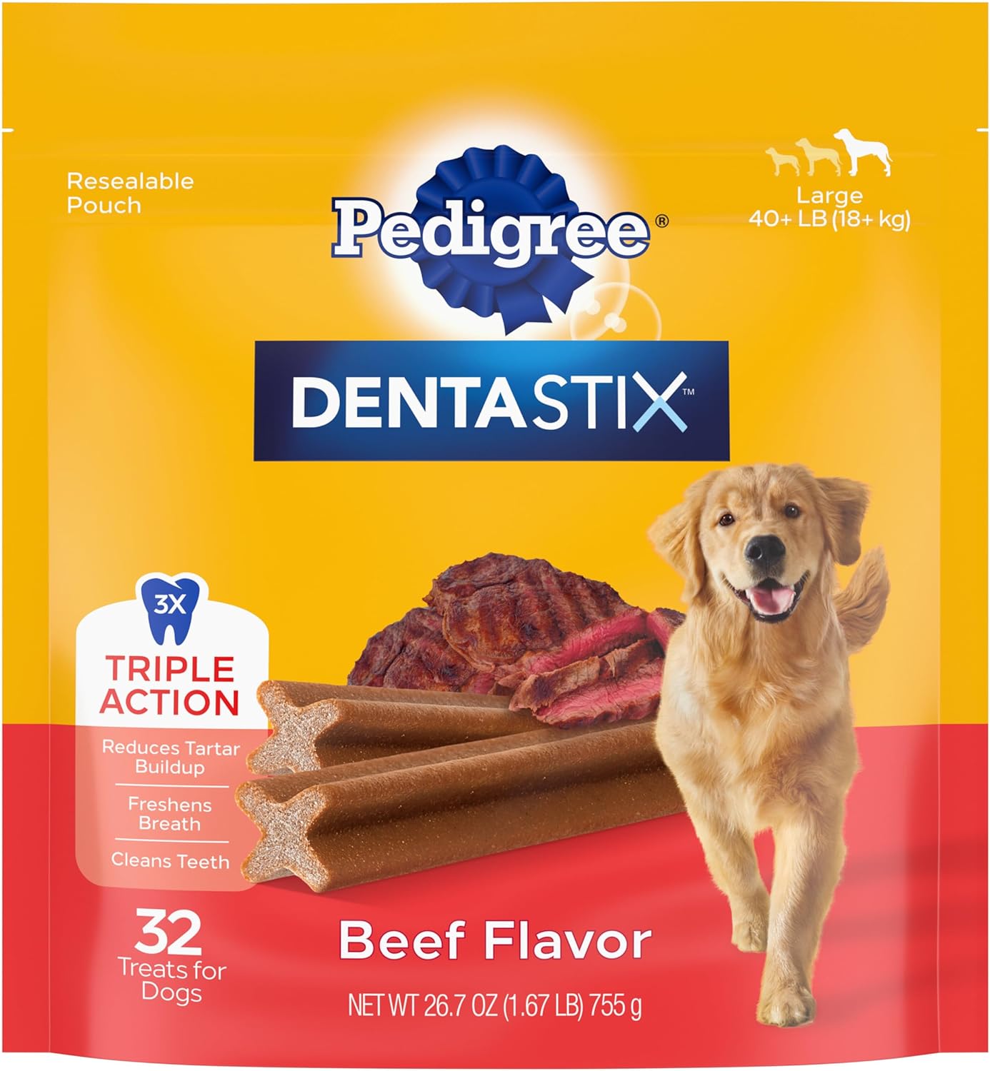 Pedigree Dentastix Large Breed Dog Treats, Beef Flavor, 1.67 lb. Bag (32 Treats)