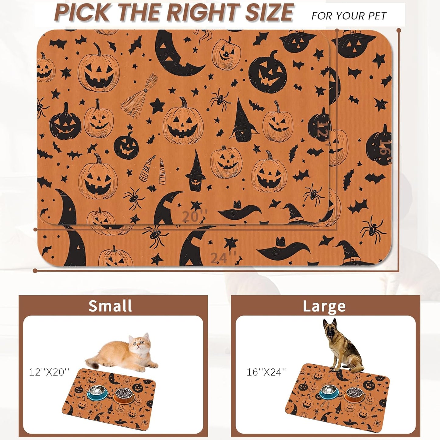 Halloween Dog Food Mat for Floors,Pumpkin Bat Absorbent Quick-Dry Pet Feeding Mat,Cat Dog Bowl Mats for Food and Water,Non-Slip Pet Accessories Supplies 12"x20"