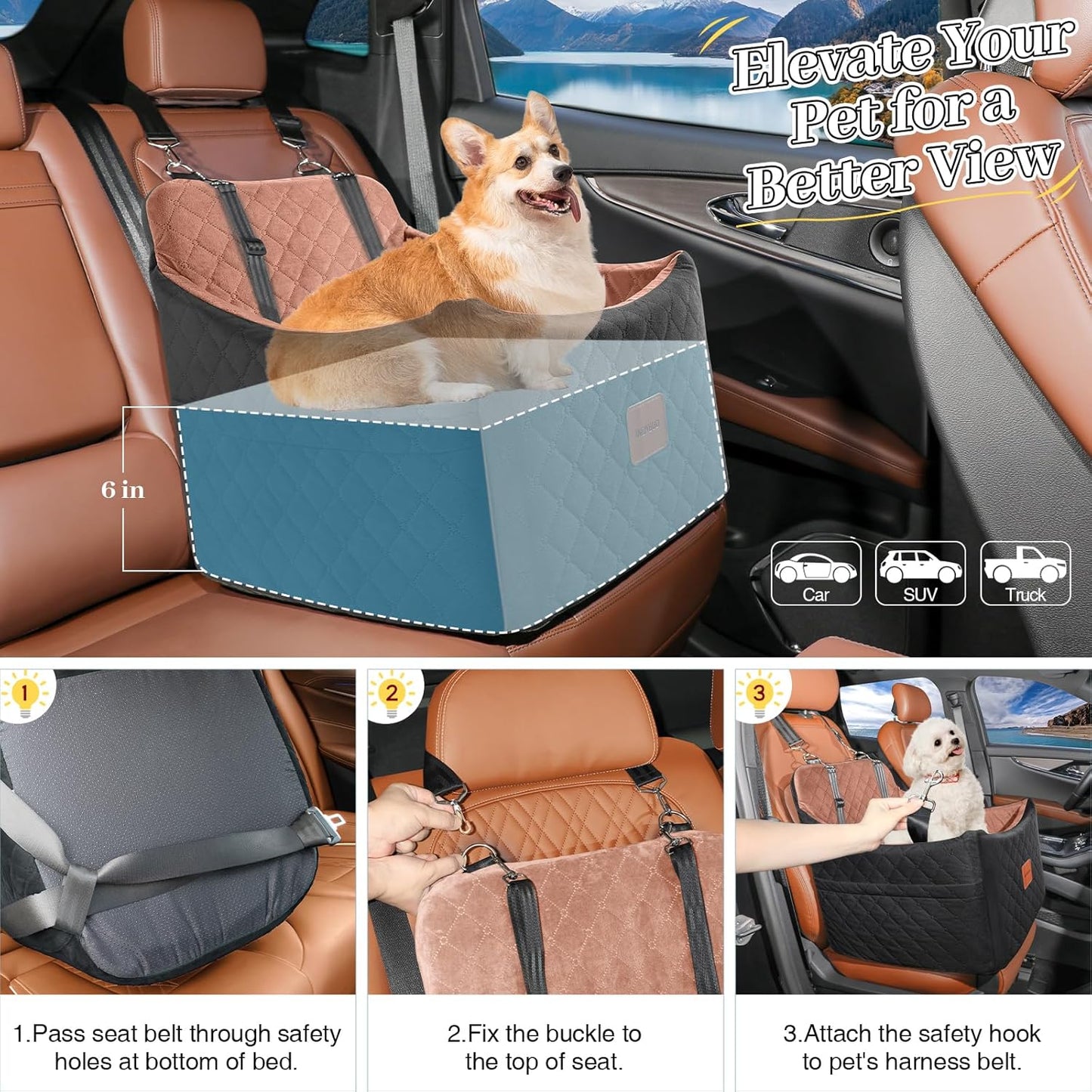 Dog Car Seat for Small/Medium Dogs, Memory Foam Dog Booster Seat, Travel Safety Pet Car Seat with Washable Removable Cover, Storage Pockets for Dogs up to 35 lbs((Black/Brown, Medium)