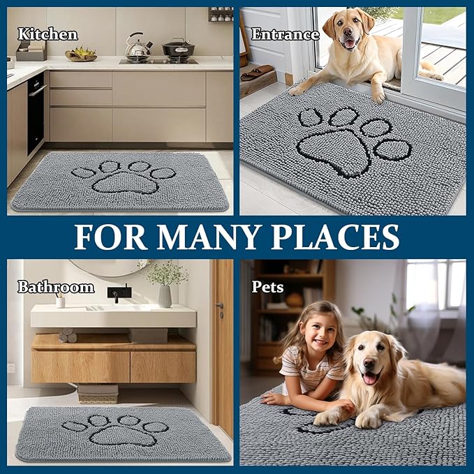 OLANLY Door Mat for Muddy Dog Paws 48x30, Ultra Absorbent Chenille Mud Doormat with Paw Print Design, Non-Slip Washable Doormat for Indoor Entryway, Quick-Dry Pet Bed Mats for Dirty Dogs, Grey