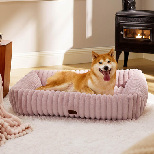 Bedsure Cute Dog Bed for Large Dogs - Washable Furry Puppy Beds, Rectangle Orthopedic Corduroy Fleece Pet Beds with Removable Zipper Cover, 36x27x8inches, Blush Pink