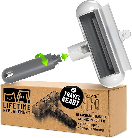 Triton Travel Pet Hair Removal Tool w/Fur Trapping Compartment and Detachable Handle, 60% Smaller Storage Size, Reusable Shedding Roller, Cat and Dog Hair Remover for Furniture, Couch (Gray/White)