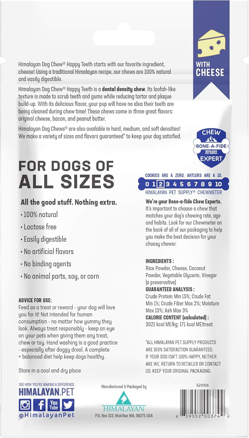 Himalayan Dog Chew Happy Teeth Yak Cheese Dog Chews Dental Chews, 100% Natural, Long Lasting, Gluten Free, Healthy & Safe Dog Treats for Oral Health, Lactose & Grain Free, Protein Rich, 2 Chews