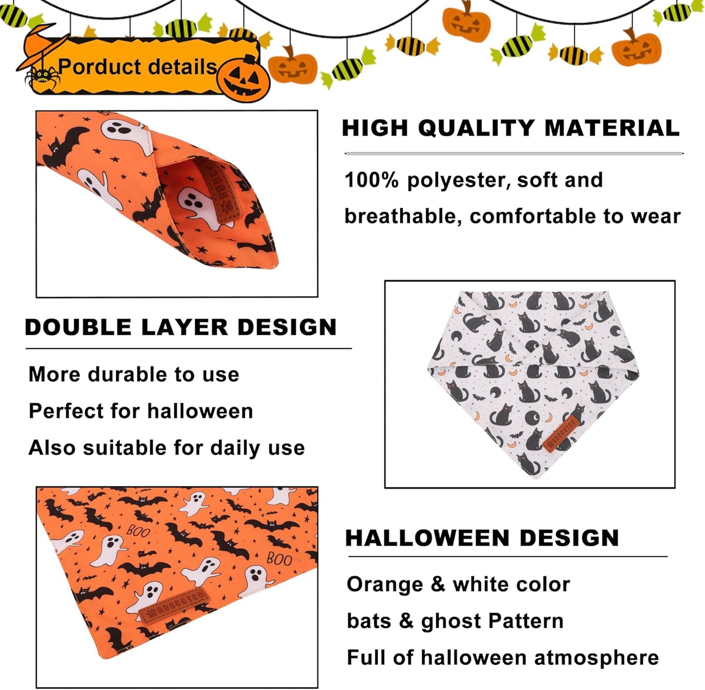 ADOGGYGO Halloween Cat Bandanas 2 Pack, Bat Ghost Cat Scarf, White Orange Pet Halloween Bandanas for Cats Kittens