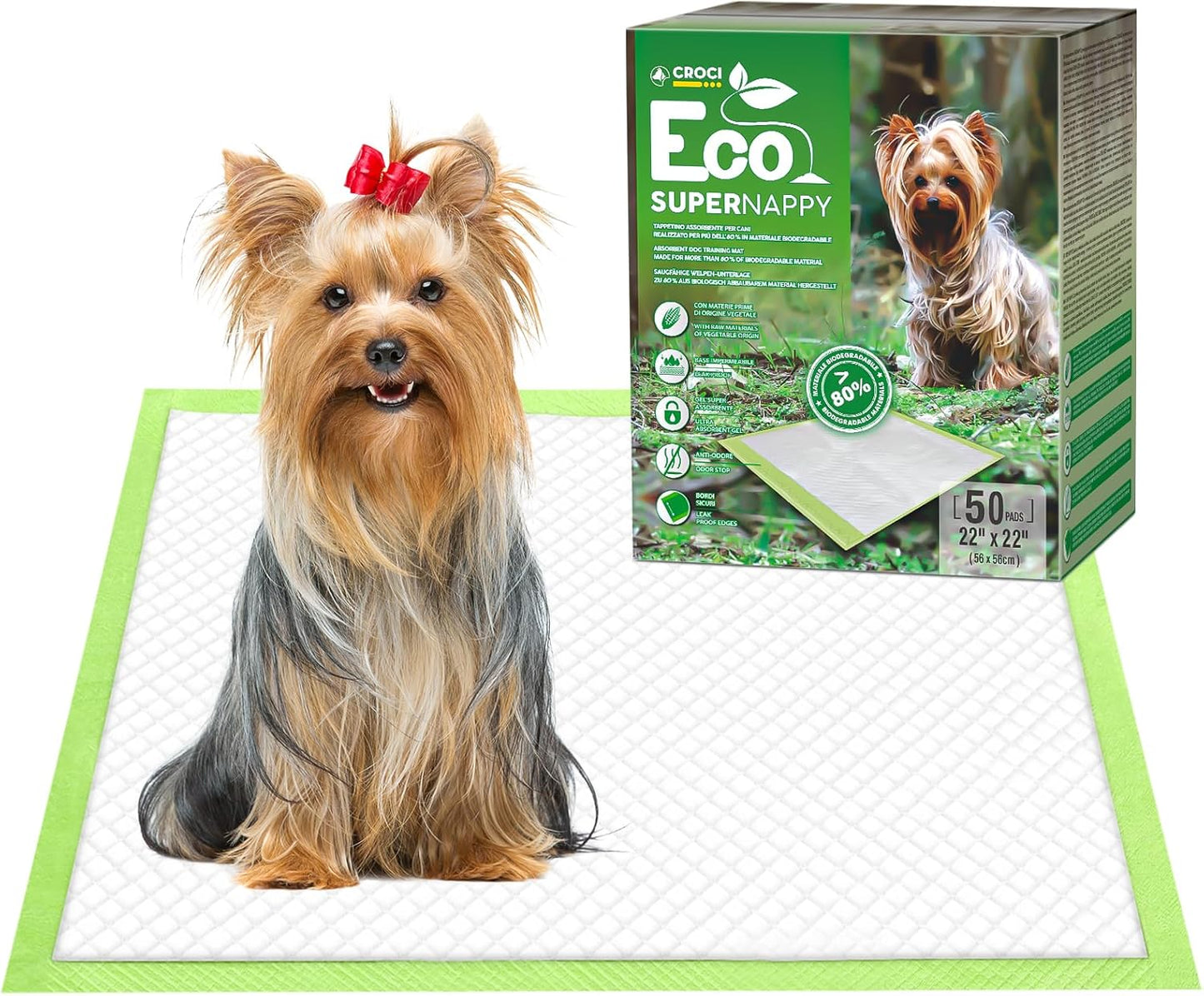 CROCI Puppy Pads 22x22in ECO Green Dog Pee Pads , Plant-Based Dogs Pads Absorbs Up to 4 Cups of Liquid, 5-Layer Leak-Proof & Quick Drying Pee Pads for Dogs, Disposable (50 Counts)