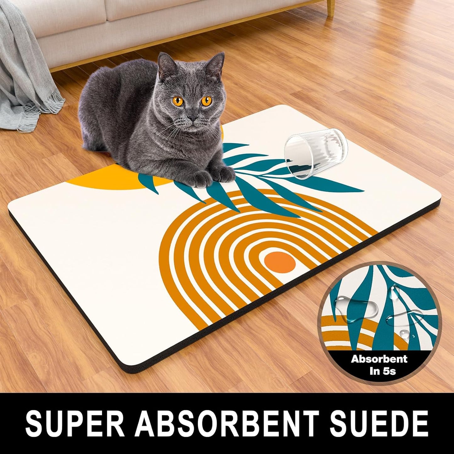 Dog Food Mat, 16" x 24" Absorbent Dog Cat Bowl Mat for Food and Water, Cute Anti-Slip Rubber Pet Feeding Rug Protect Floors, Washable Placemat for Feeding & Watering Supplies, Modern Abstract