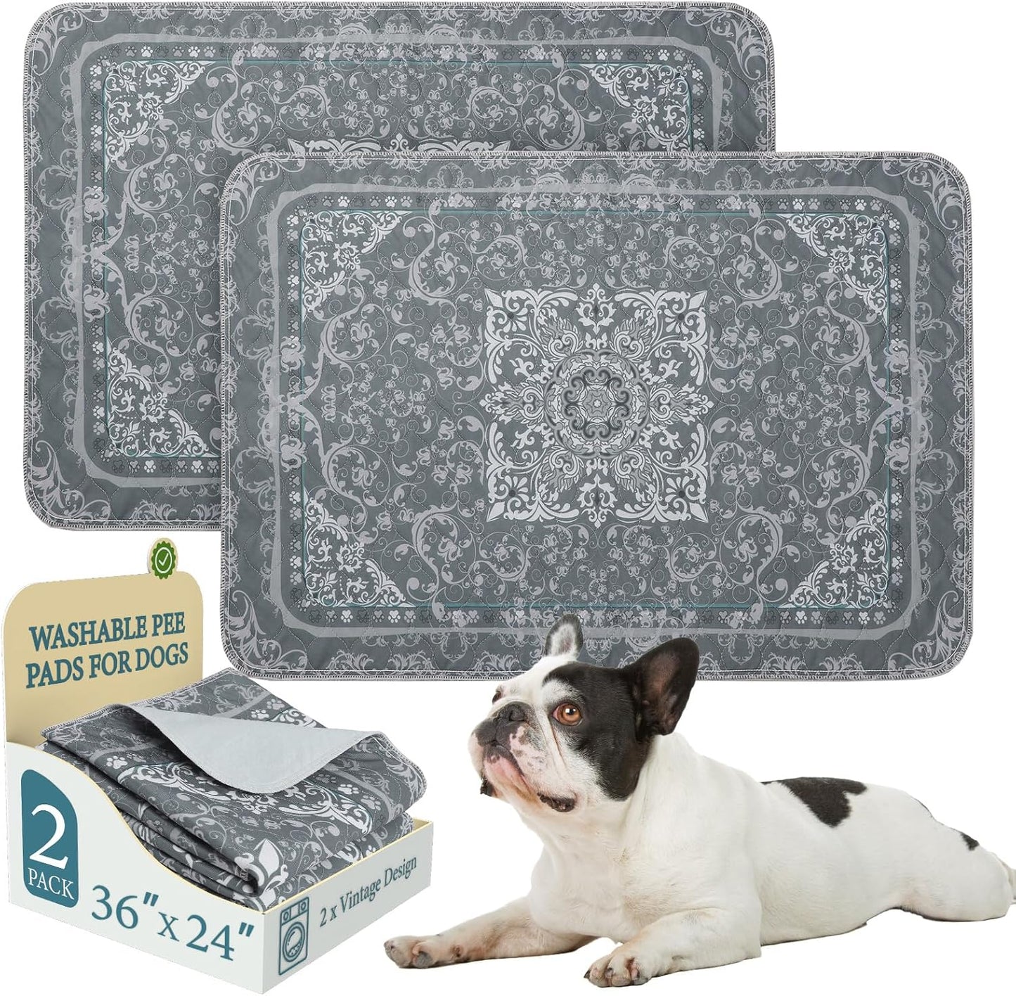 Homimp Washable Pee Pads for Dogs, 2 Pack Reusable Puppy Pads Waterproof, Absorbent and Leakproof Dog Pee Pads, Non Slip Puppy Training Pads, Pet Mat for Floor, Crate, Couch, Whelping,Grey, 24"x36"