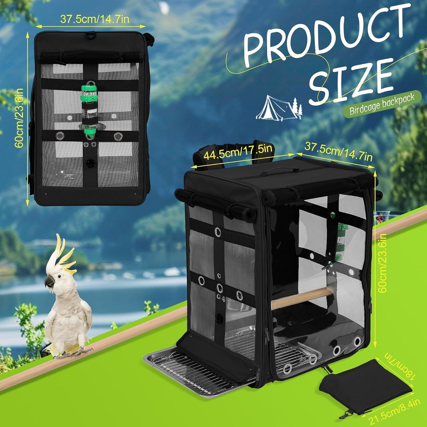 Suertree Bird Carrier Travel Cage, Cockatoo Carrier, Parrot Travel Backpack with Unbreakable Stainless Steel Mesh, Perch, Water Bottle and Food Bowl, X-Large Black