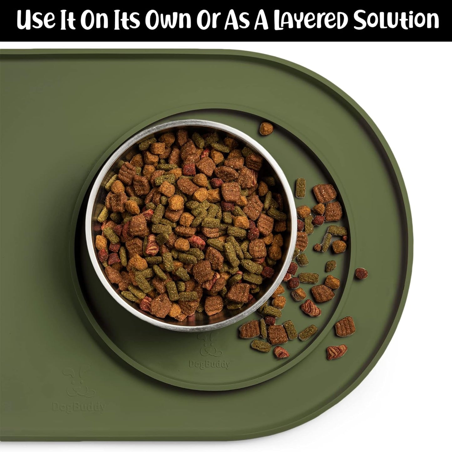 DogBuddy Dog Food Mat - Waterproof Dog Bowl Mat, Silicone Pet Mat for Food and Water Bowls, Nonslip Pet Feeding Mat with Edges, Dogs Food Mats for Floors, Puppy Supplies (XS, Khaki Green)