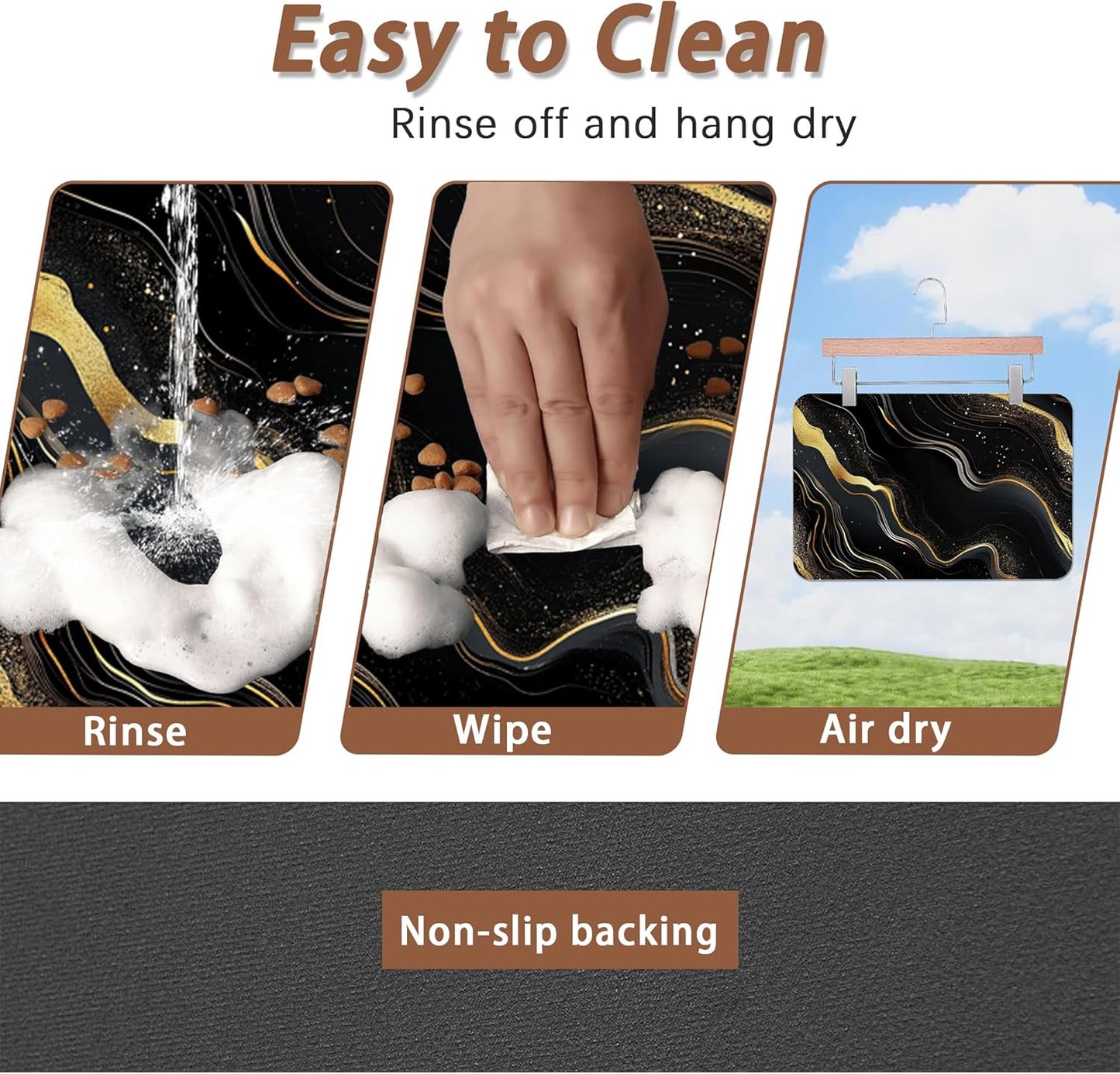 Marble Pet Feeding Mat,Black Gold Flowing Marble Absorbent Quick-Dry Cat Dog Food and Water Bowl Mats,Non-Slip Rubber Backing Mat,Cat Dog Accessories Supplies 16"x24"