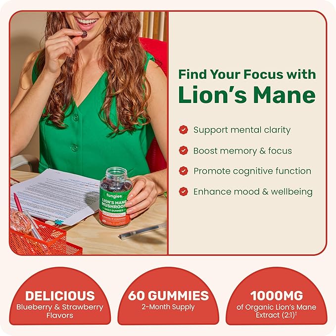 Fungies Lion's Mane Mushroom Gummies, Mixed Blueberry & Strawberry Flavor - Mushroom Supplement Gummy for Adults & Children Supports Brain Health, Cognitive Function, Focus, Memory & Mood, 60 Servings