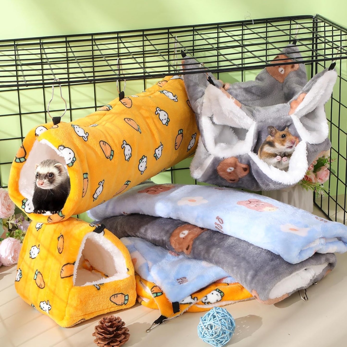 Abbylike 9 Pieces Rat Hammock 3 Tier Guinea Pig Ferret Hammocks Small Pet Hanging Tunnel Glider Toy Guinea Pig Ferret Hideout Bed Cage Accessories for Hamster(Yellow, Grey, Blue,Bear)