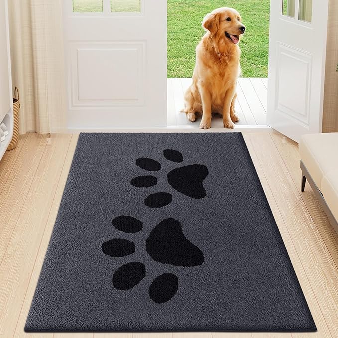 Buganda Dog Door Mat for Muddy Paws, Absorbent Dirt Trapper Washable Indoor Doormats, Non Slip Low-Profile Mud Mat for Dogs, Front Entrance Doormat for Inside Floor (47x24 Inches, Black)