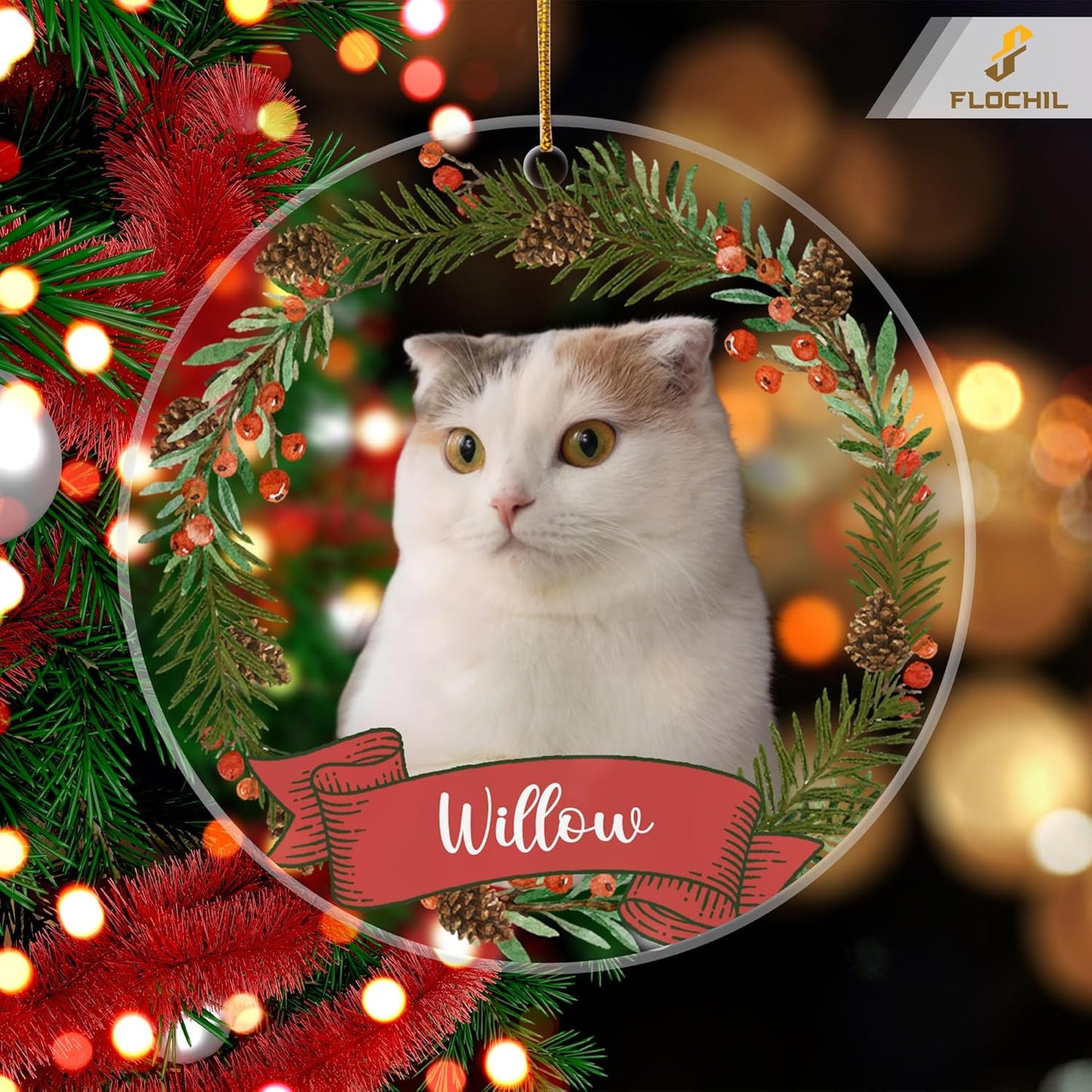 FLOCHIL Personalized Cat Christmas Ornaments Custom Photo Name for Christmas Trees, Cat First Christmas Ornaments, Gifts for Pet Lovers Acrylic Ornament