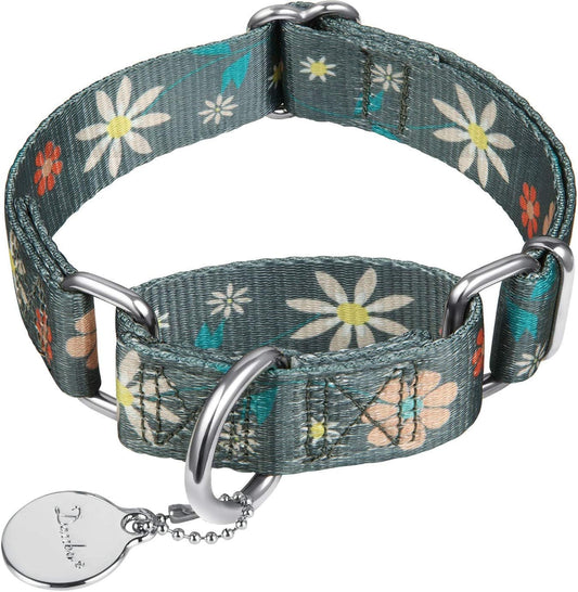Martingale Collar Floral Print Dog Collar - No Pull Pet Collar, Heavy Duty Adjustable Dog Collar, Large, Neck 17 Inch to 25 Inch, Elegant Flowers (Warm Grey)