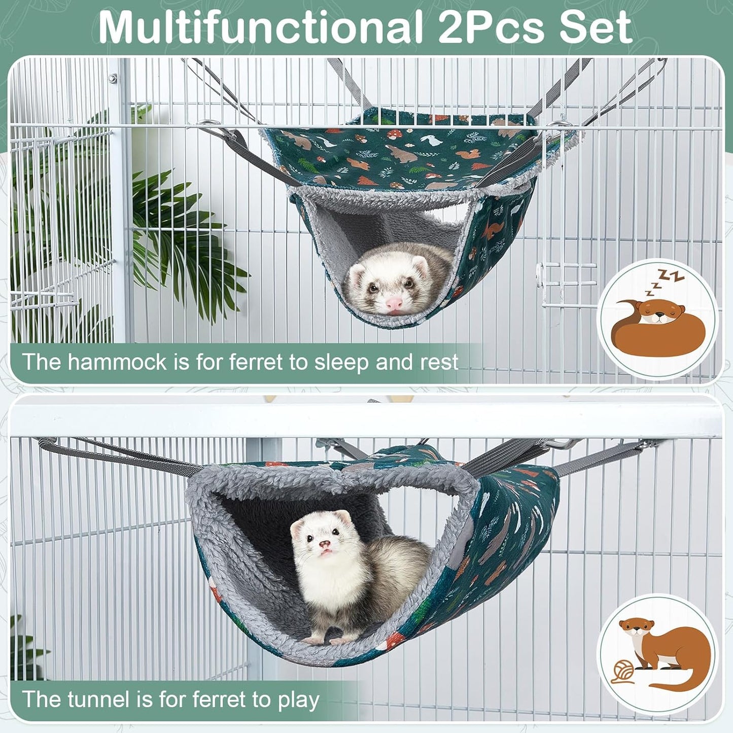 Bienbee 2 Pcs Ferret Rat Hammock Set for Cage Washable Guinea Pig Hideout Bed Soft Small Animal Hammock Tunnel Toys Ferret Cage Accessories for Hedgehog Sugar Glider Squirrel Hamster