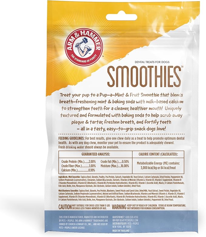 Arm & Hammer for Pets Smoothies Dental Treats for Dogs with Baking Soda and Calcium, Treat Chews Help Fight Bad Breath, Plaque & Tartar, Mint Blueberry & Mint, 8 Pcs