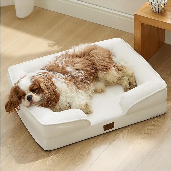 Bedsure Orthopedic Dog Bed Medium Size Dogs - Washable Medium Dog Cat Bed Waterproof, Comfort Pet Couch Sofa with Washable Removable Cover, Pets Bed with Nonskid Bottom, Ivory, 28"