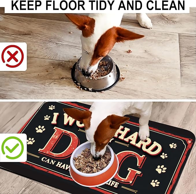 Work Hard Dog Pet Feeding Mat for Floors-Absorbent Dog Bowl Mat for Food and Water, Quick Dry Pet Cat Feeding Mats with Non Slip Bottom, Mess-Free Dog Accessories 12"x20"