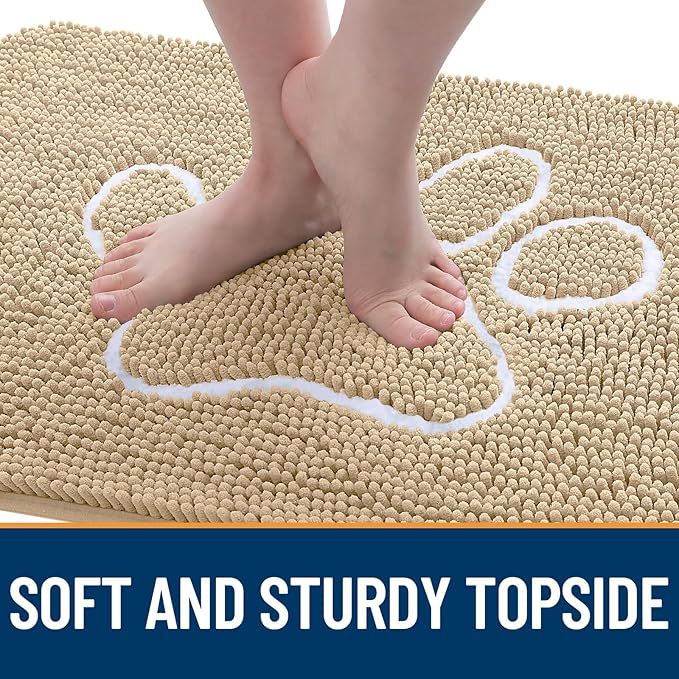 OLANLY Door Mat for Muddy Dog Paws 70x24, Ultra Absorbent Chenille Mud Doormat with Paw Print Design, Non-Slip Washable Doormat for Indoor Entryway, Quick-Dry Pet Bed Mats for Dirty Dogs, Beige