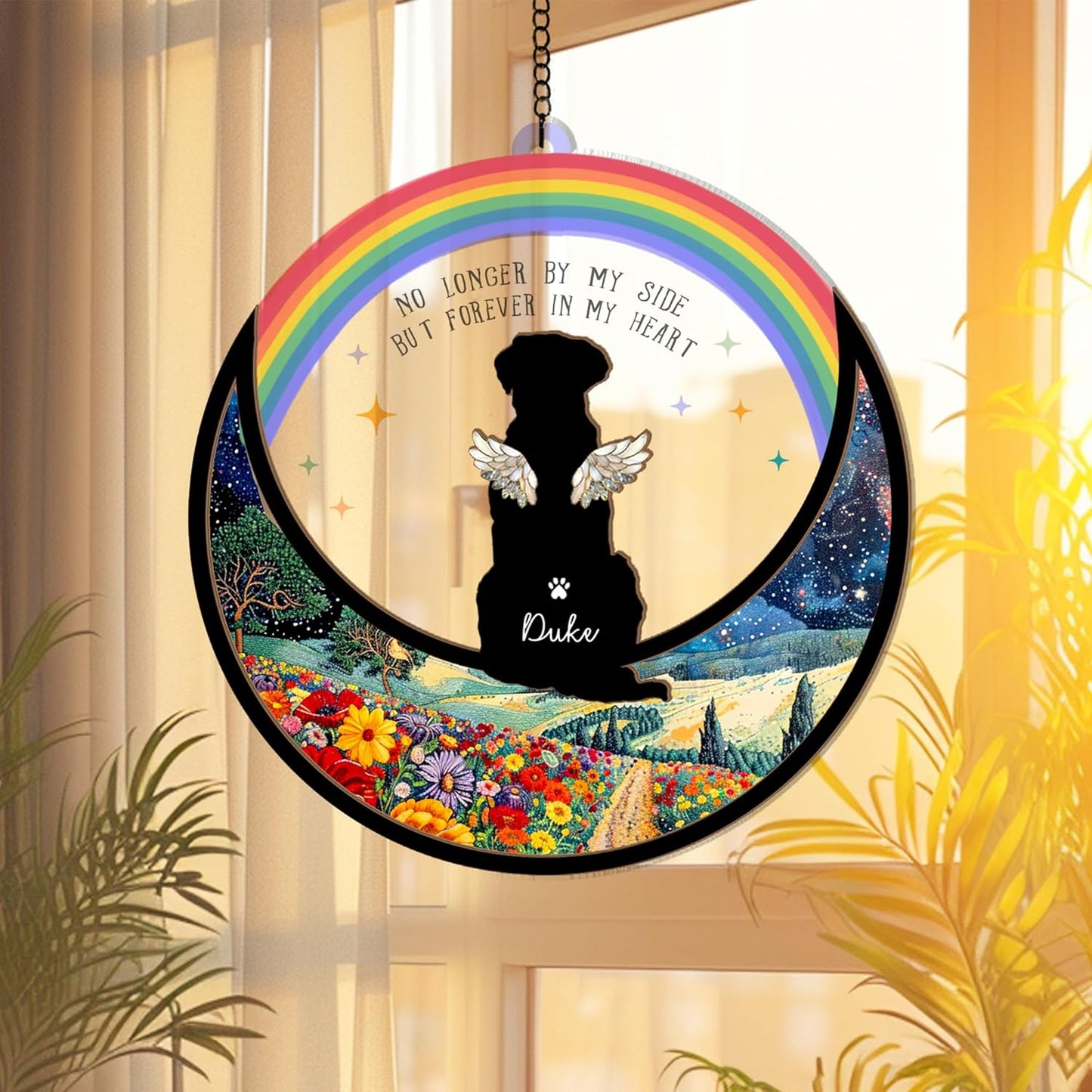 Personalized Dog Memorial Suncatcher – Custom Suncatcher with Name, Breed & Rainbow Bridge Background for Up to 3 Pets, Pet Loss Gift, Sympathy Keepsake for Dog Lovers