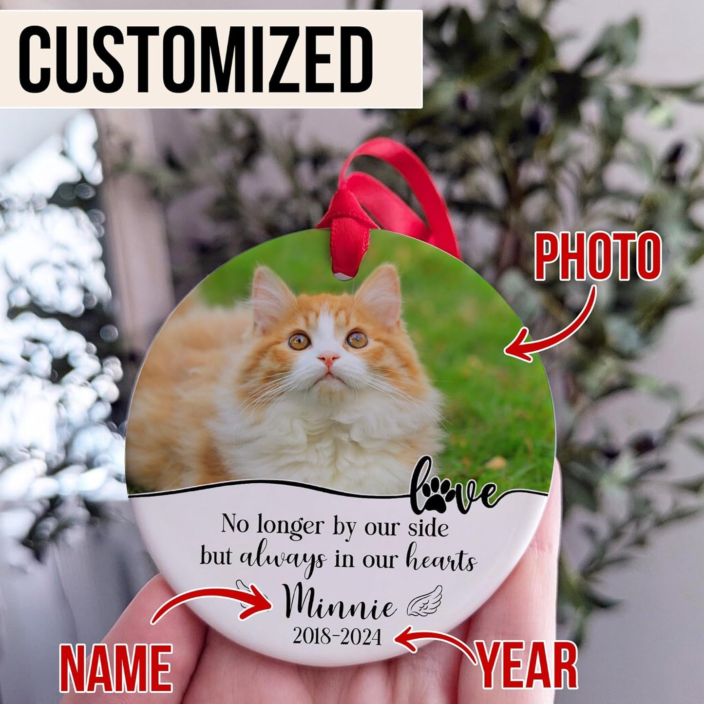 Personalized Love Ceramic Ornament, Valentine's Day Gifts for Loss of Pet, Memorial Cat Photo Christmas, Custom Name & Picture Cat Christmas Ornament