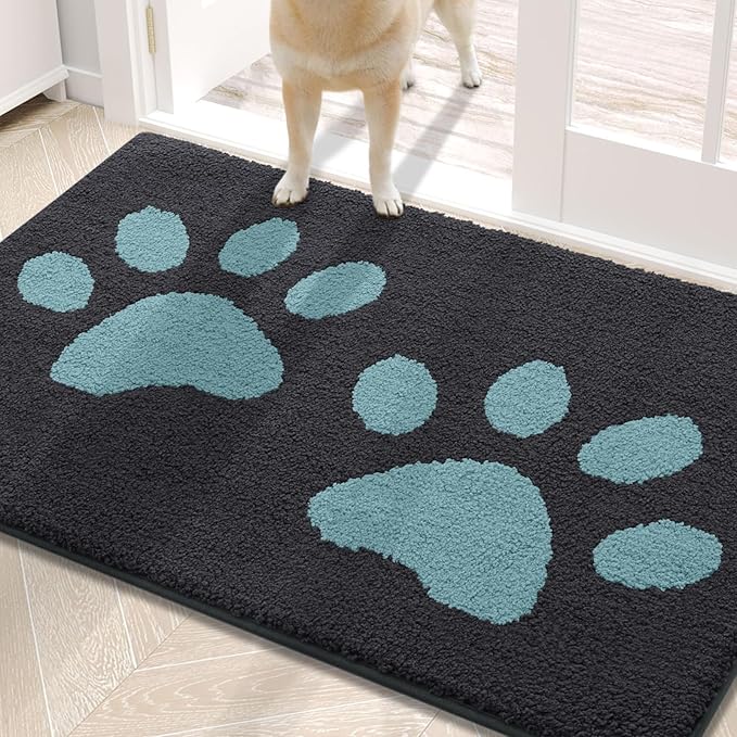 Buganda Dog Door Mat for Muddy Paws, Absorbent Dirt Trapper Washable Indoor Doormats, Non Slip Low-Profile Mud Mat for Dogs, Front Entrance Doormat for Inside Floor (30x20 Inches, Dark Grey and Blue)