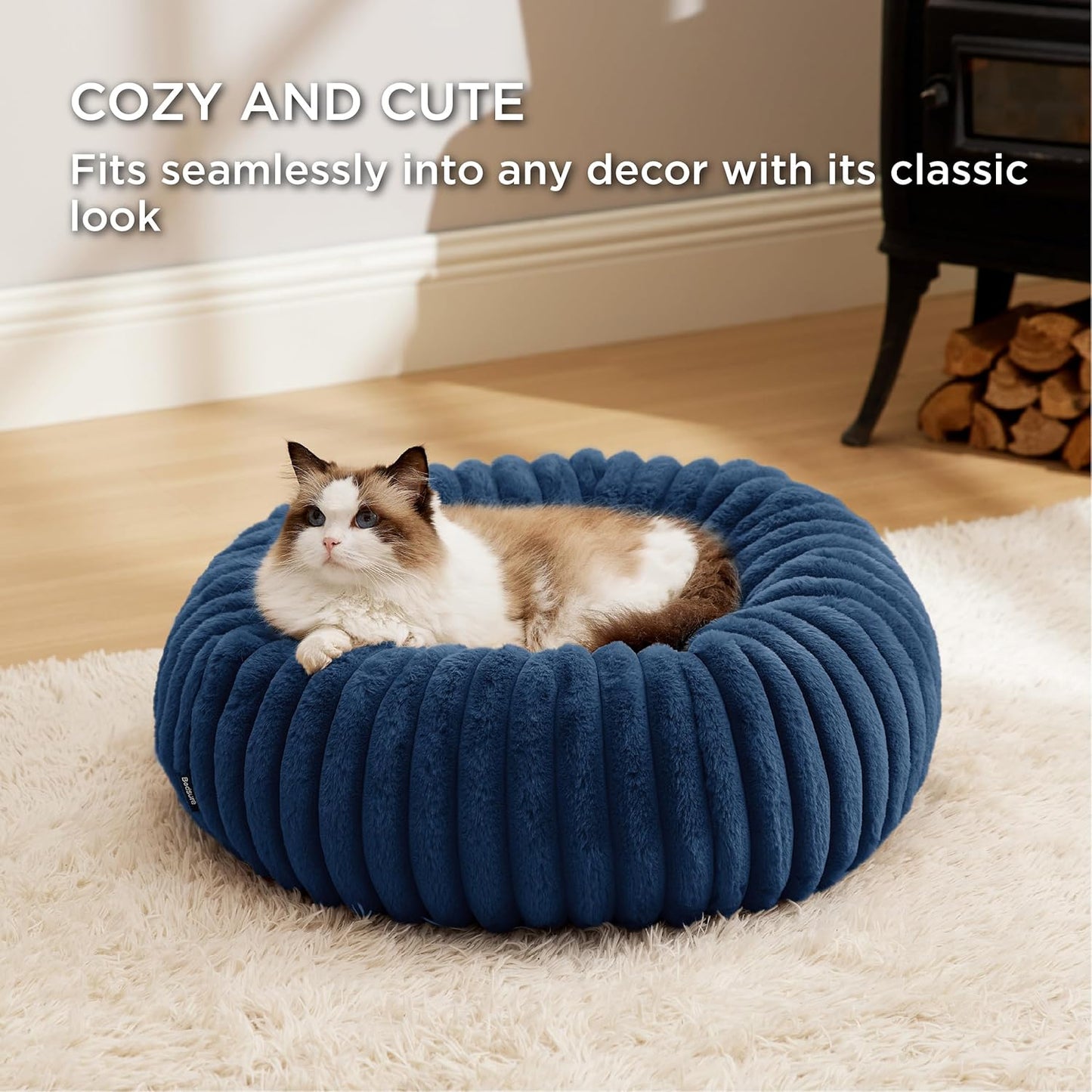Bedsure Cat beds for Indoor Cats - Donut Dog Beds for Small Dogs with Corduroy Fleece & Anti Slip Bottom, Faux Fur Pet Beds with Washable Removable Cover, Night Blue, 20x20x6 inches