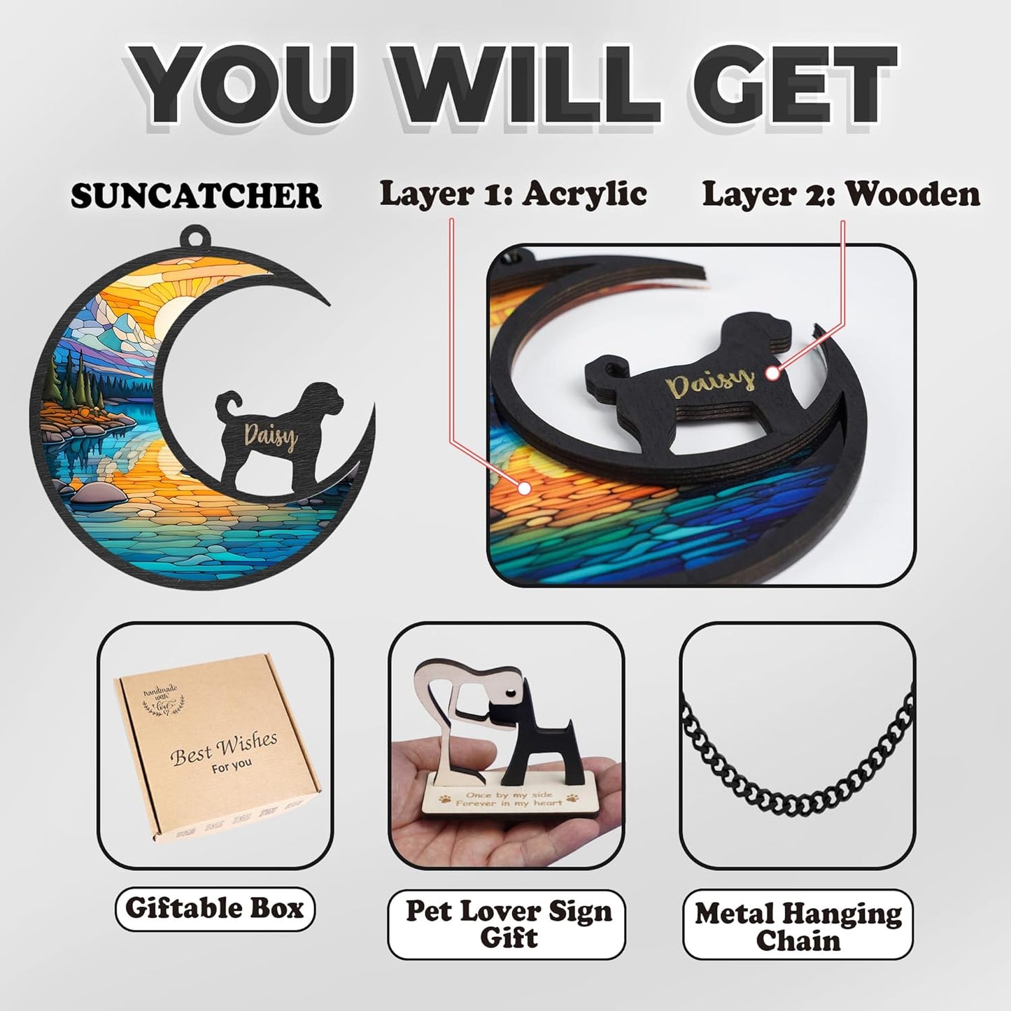 Custom Dog Memorial Suncatcher with Star, Personalized Name Breeds, Pet Ornament Window Car Hanging, Sympathy Gift for Loss of Pet, Bereavement Keepsake Remembrance Gifts for Dog Lovers