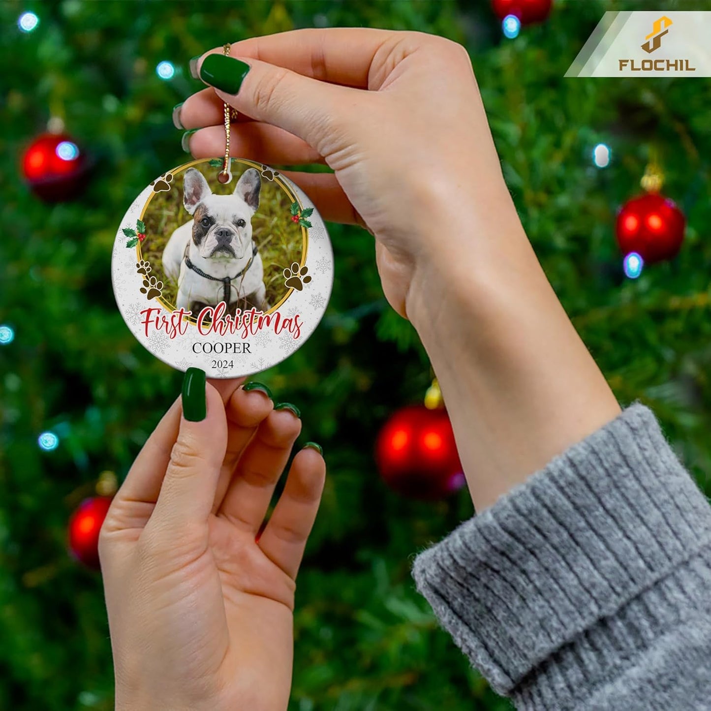 FLOCHIL Personalized Dog Christmas Ornaments, Custom Photo Name for Christmas Trees, Dog First Christmas Ornaments, Best Gifts for Pet Lovers