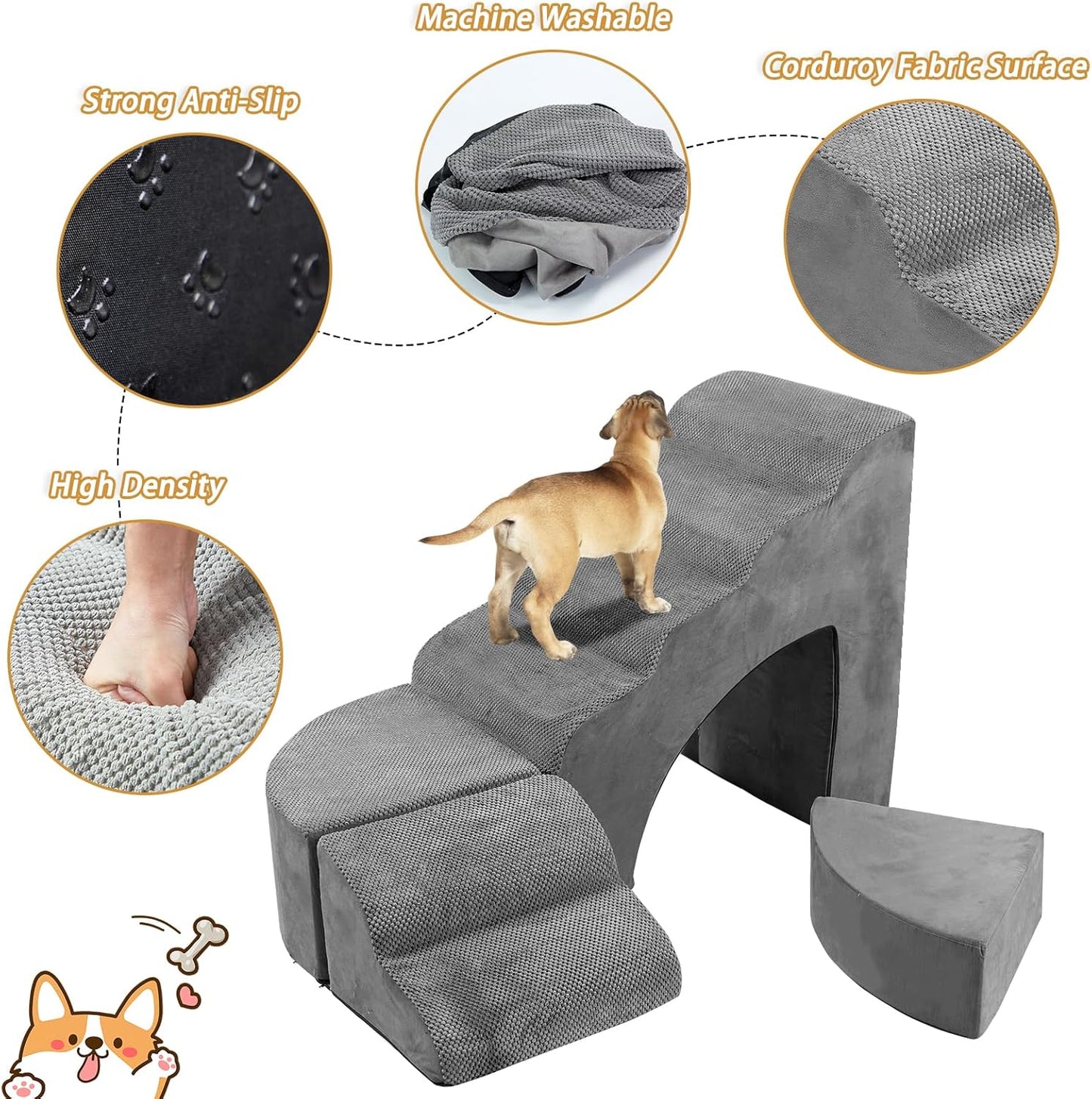 Dog Stairs for High Beds up to 32" H, A.FATI 6 Step Pet Ramp with Machine Washable Cover, Non-Slip Dog Steps for Bed for Small/Medium/Old Dogs, 30D Foam Pet Stairs