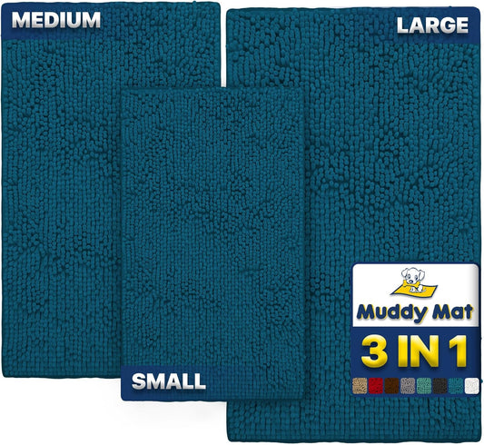 Muddy Mat® Pack of 3 Highly Absorbent Microfiber Dog Door Mat and Pet Rug, Non Slip Thick Washable Area Mat Soft Chenille for Kitchen Bathroom Bedroom and Outdoor - Atlantic Blue Small, Medium & Large