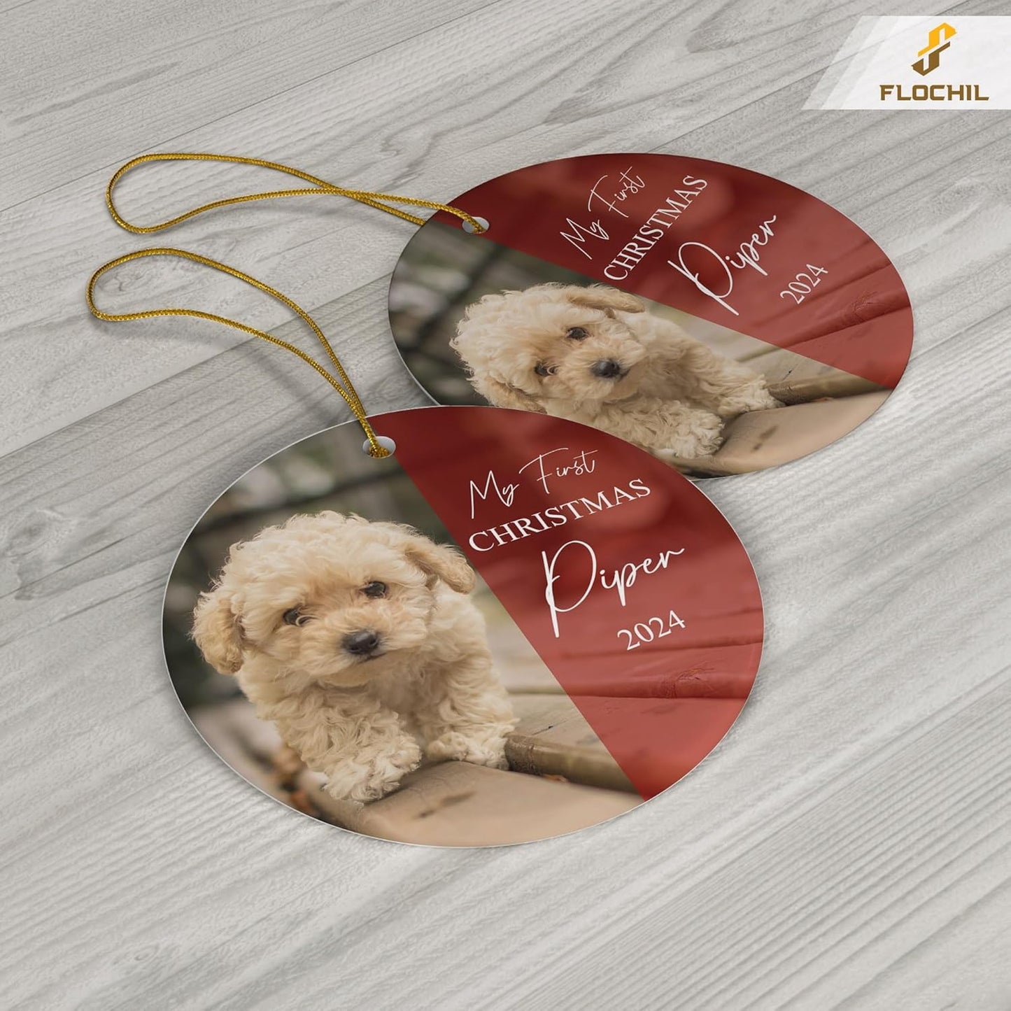 FLOCHIL Personalized Dog Christmas Ornaments, Custom Photo Name for Christmas Trees, Dog First Christmas Ornaments, Best Gifts for Pet Lovers