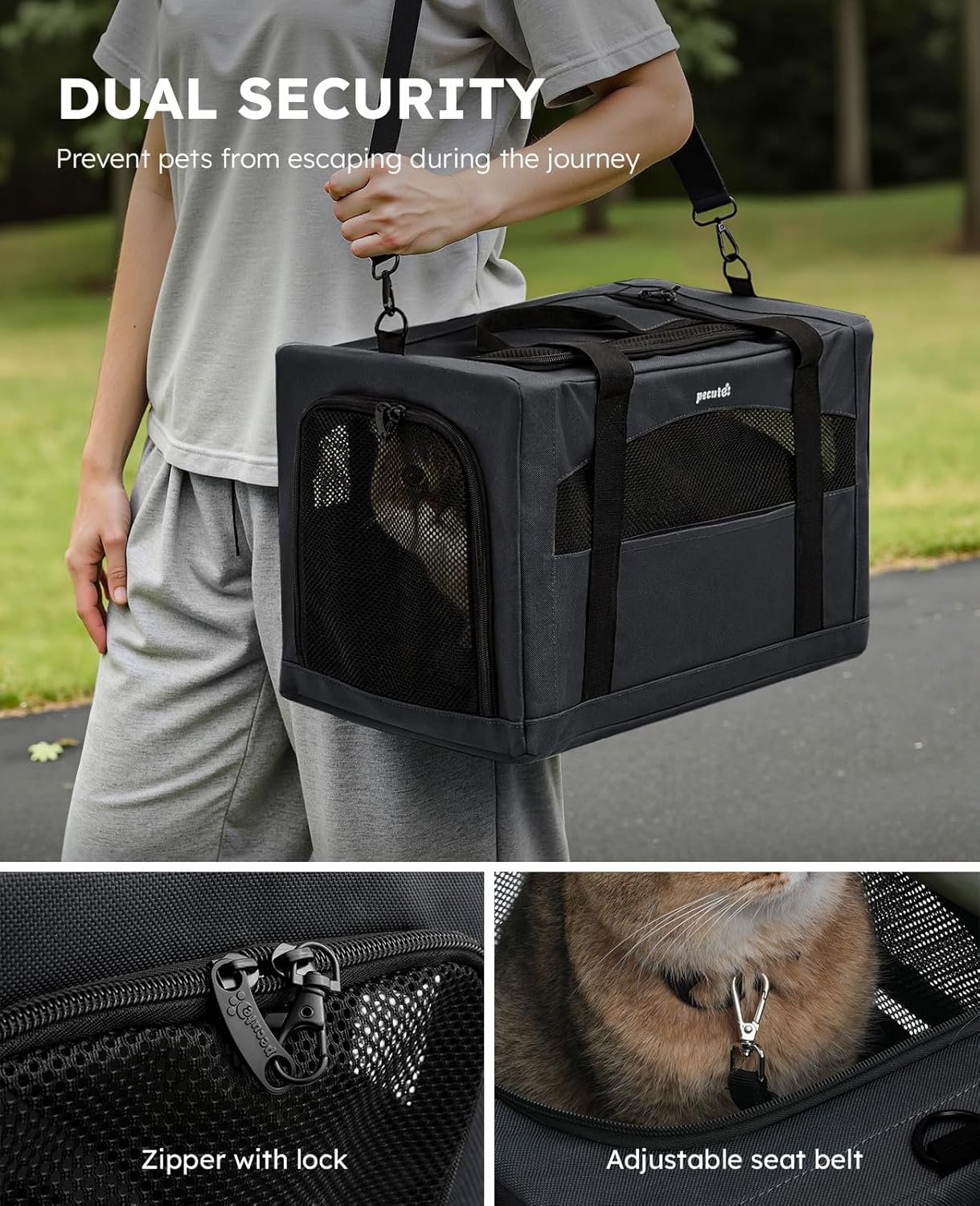 pecute Cat Carrier Stable, Pet Carrier Breathable and Portable, Cat Carriers Bag with Scientific Hidden Partition, Carriers for Cat Under 5kg, Dog Carriers Suitable for Travel and Outing, Dark Gray