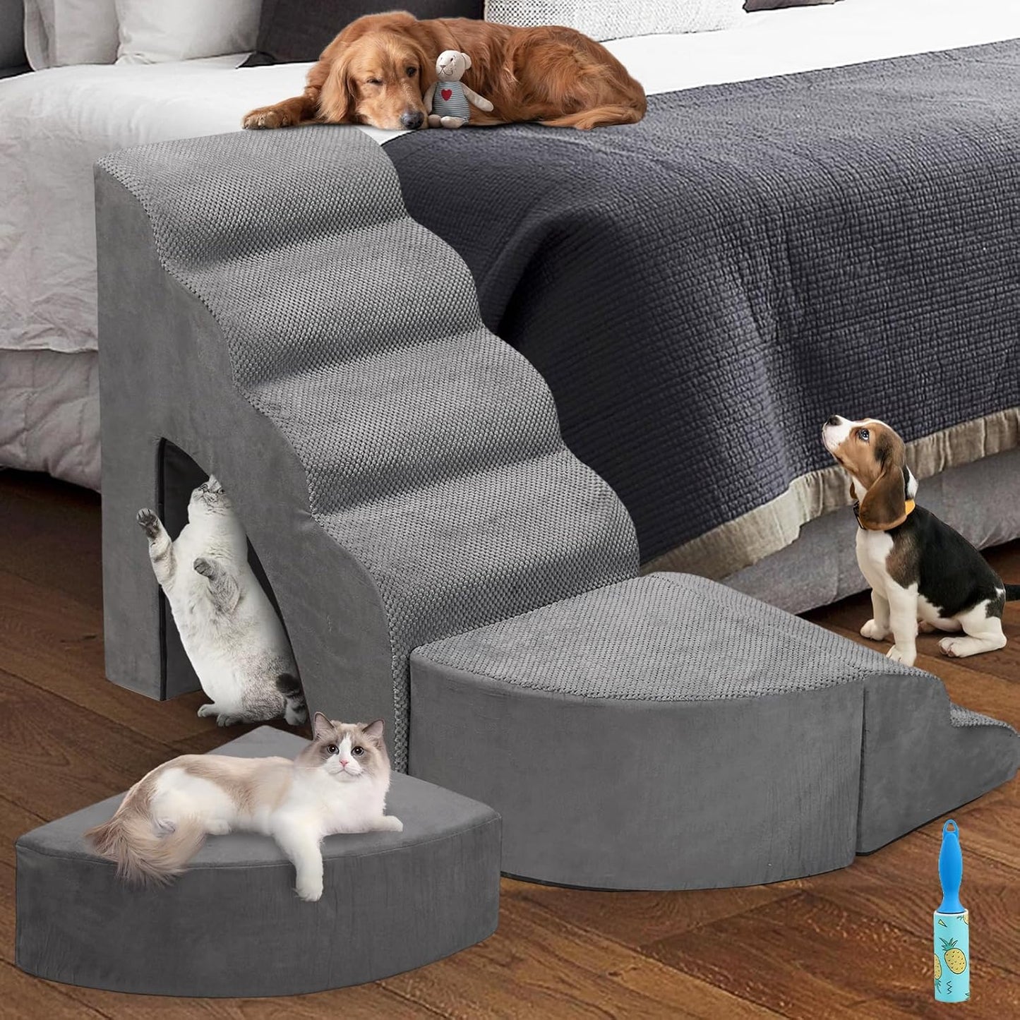 Dog Stairs for High Beds up to 32" H, A.FATI 6 Step Pet Ramp with Machine Washable Cover, Non-Slip Dog Steps for Bed for Small/Medium/Old Dogs, 30D Foam Pet Stairs