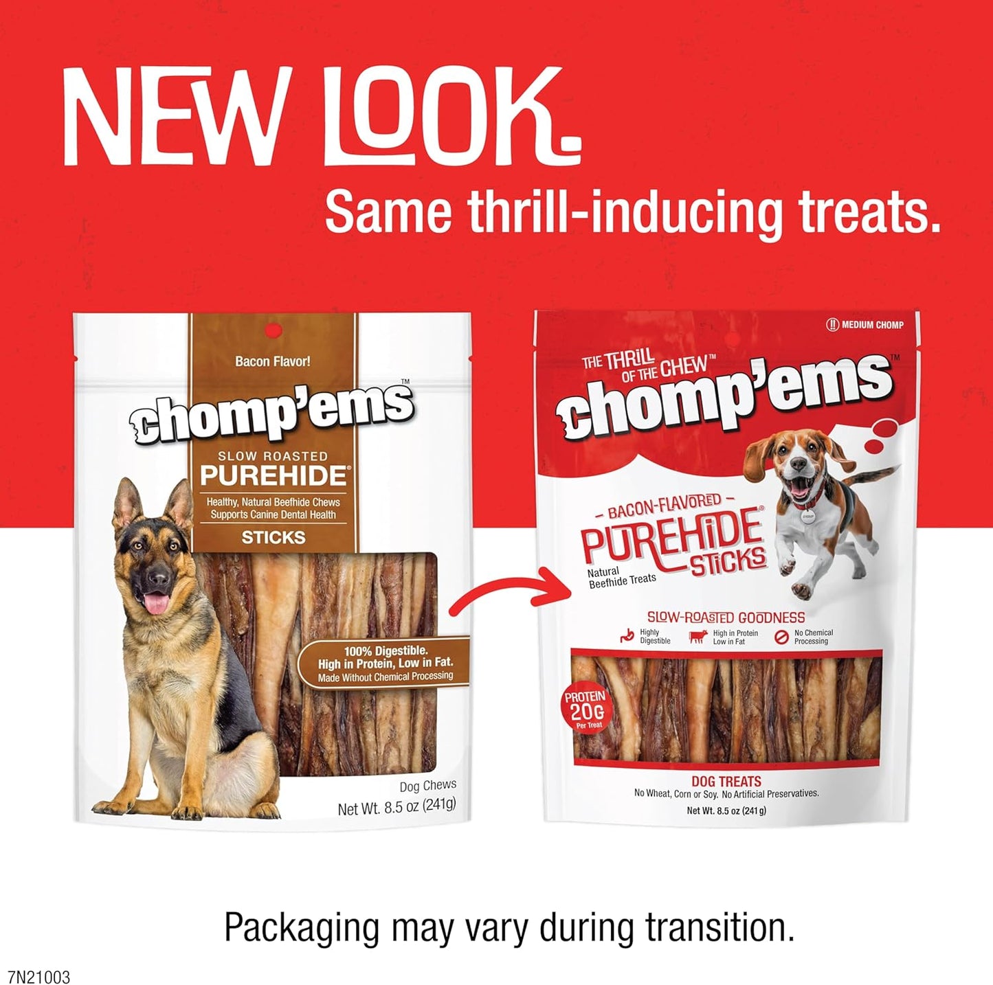 CHOMP 'EMS Purehide Chews - Slow Roasted Naturally Delicious Rawhide Dog Treats - High Protein Beef Hide - Bacon Flavor, Sticks, 8.5 Oz.