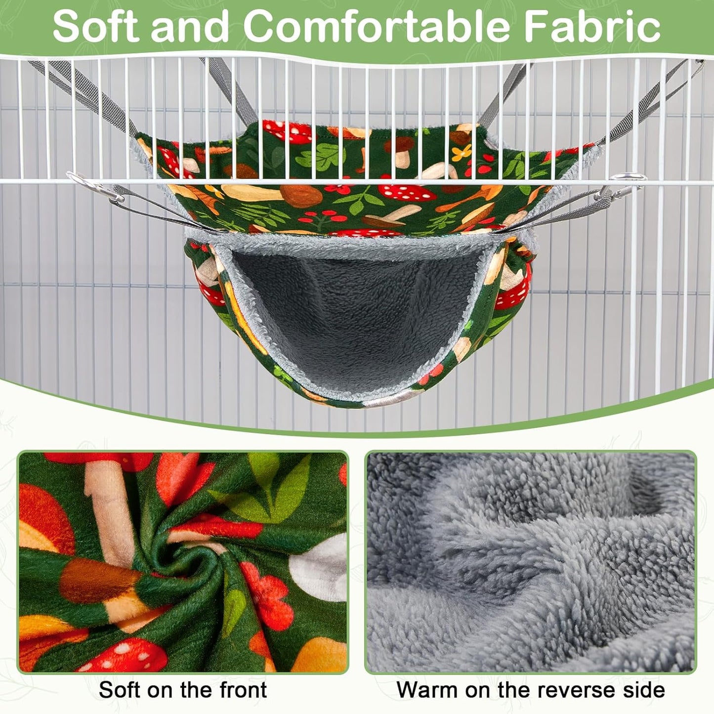 Bienbee 2 Pcs Ferret Rat Hammock Set for Cage Washable Guinea Pig Hideout Bed Soft Small Animal Hammock Tunnel Toys Ferret Cage Accessories for Hedgehog Sugar Glider Squirrel Hamster, Green Mushroom