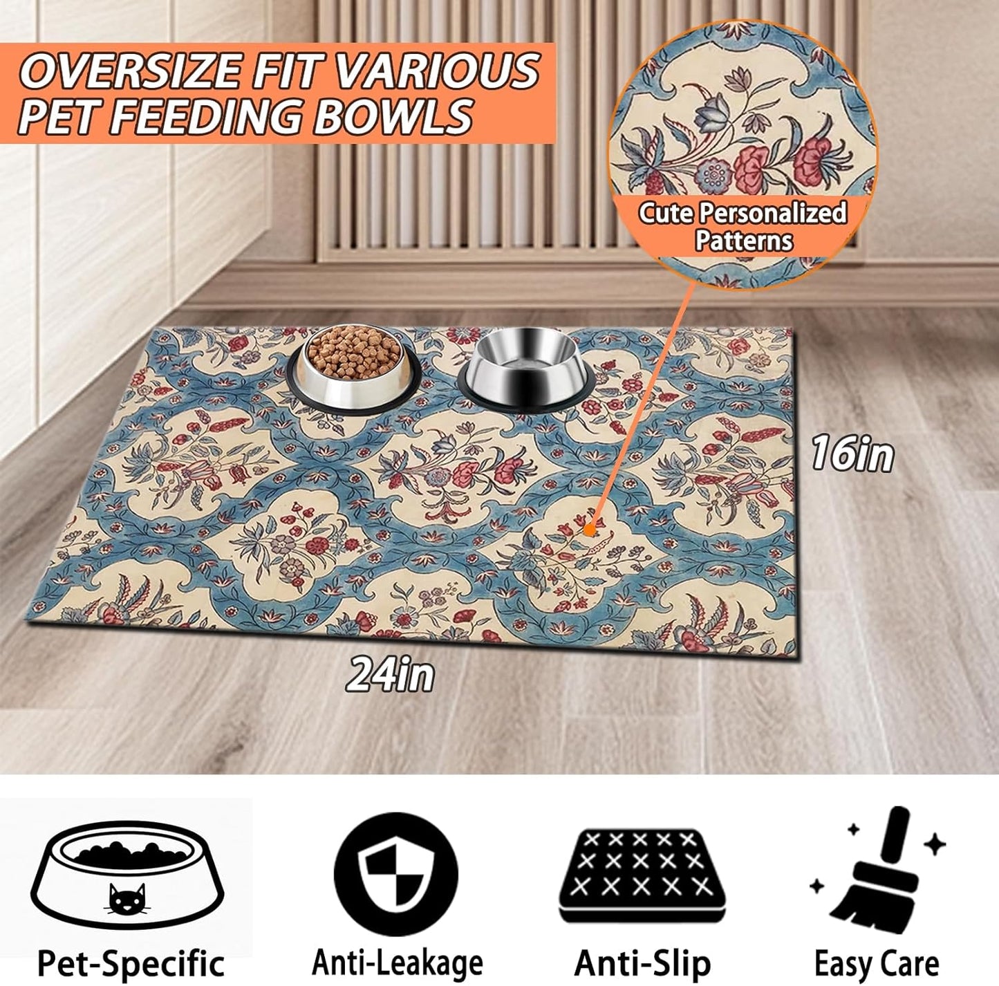 Pet Feeding Mat for Dogs and Cats - Super Absorbent Anti-Slip Bowl Pad, Eco-Friendly Washable Mat to Prevent Spills and Mess Boho Mat 16"x24"