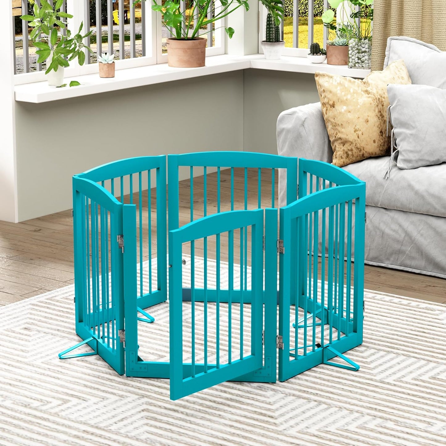 Freestanding Pet Gates with Walk Through Door, Dog Indoor Fence, Dog Gate for The House, Doorway, Stairs, Extra Wide Pet Gate, Support Feet Included, 120 Inch Wide, 6 Panels 24" Tall, Blue