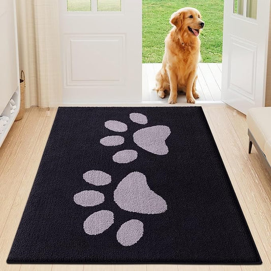 Buganda Dog Door Mat for Muddy Paws, Absorbent Dirt Trapper Washable Indoor Doormats, Non Slip Low-Profile Mud Mat for Dogs, Front Entrance Doormat for Inside Floor (47x32 Inches, Black and Grey)