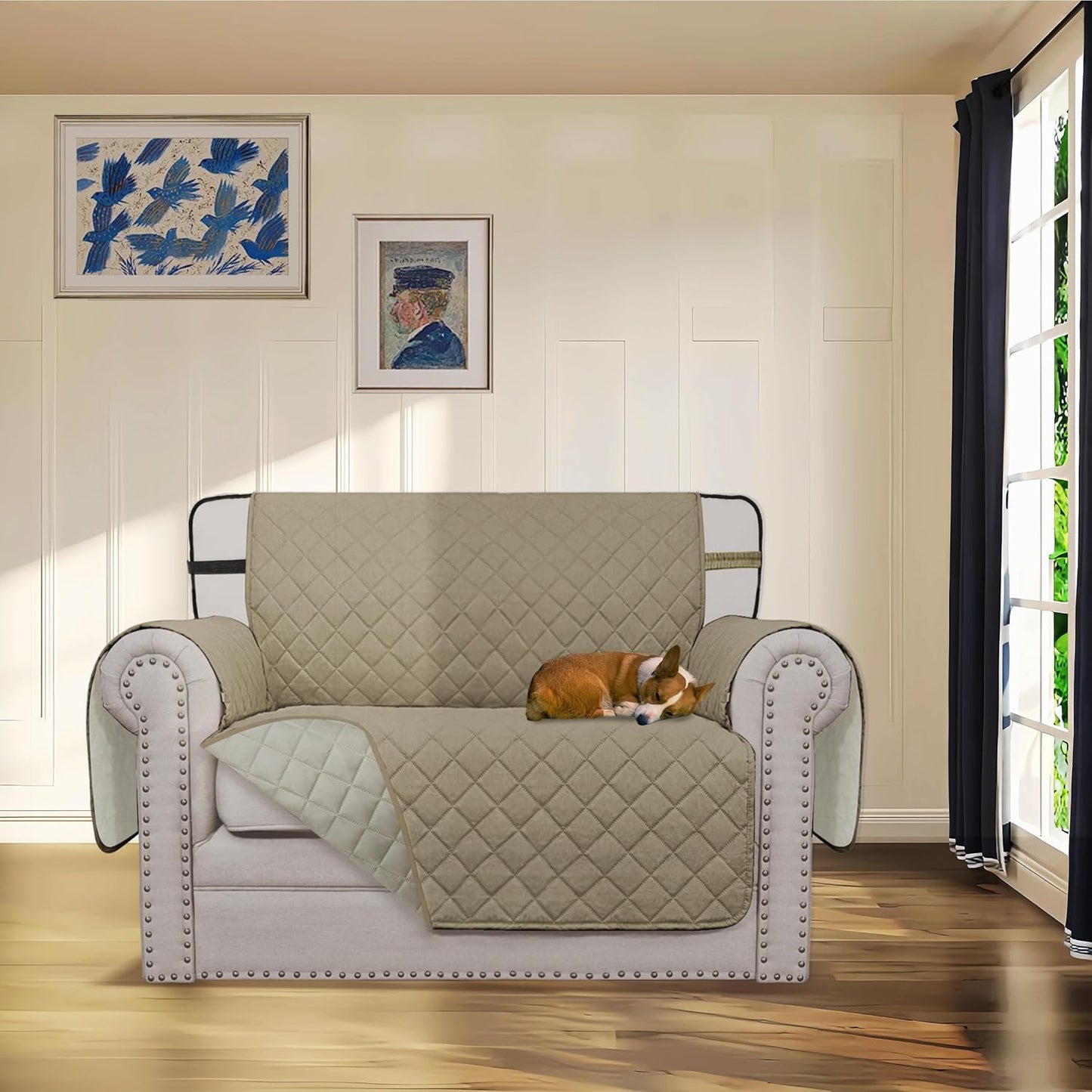 Easy-Going Reversible Chair Cover Washable Sofa Cover for Dogs Water Resistant Couch Slipcover Furniture Protector Cover with Adjustable Straps for Pets (Chair 30 in, Beige/Beige)